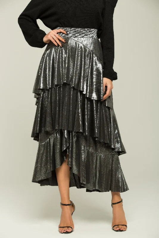 Bright Silver Ruffled Maxi Skirt