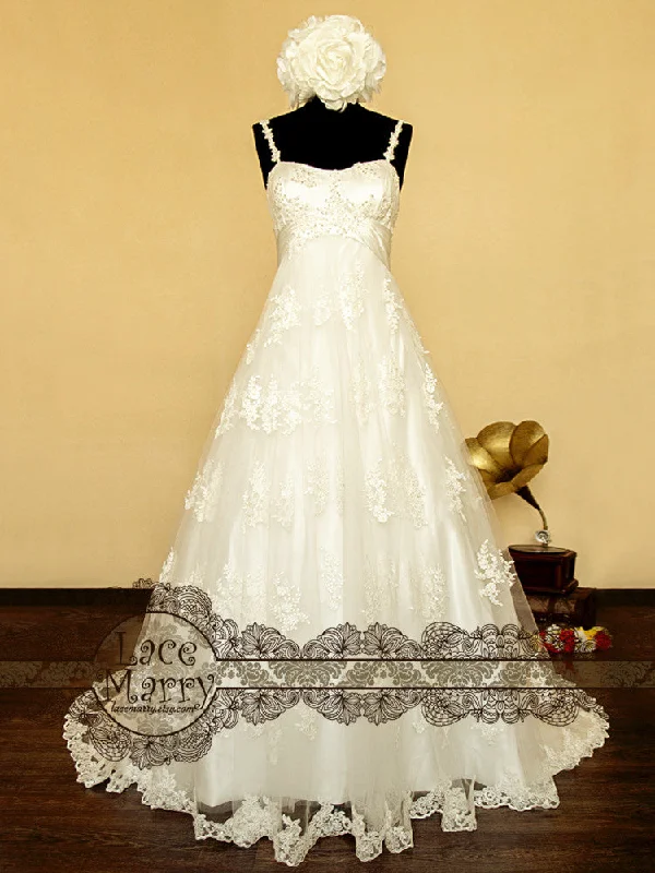 Delicate Flower Appliqué Lace Empire Waist Wedding Dress