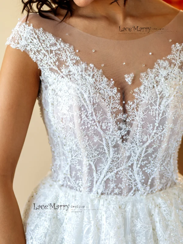 Embroidered Lace Wedding Dress with Illusion Cap Sleeves