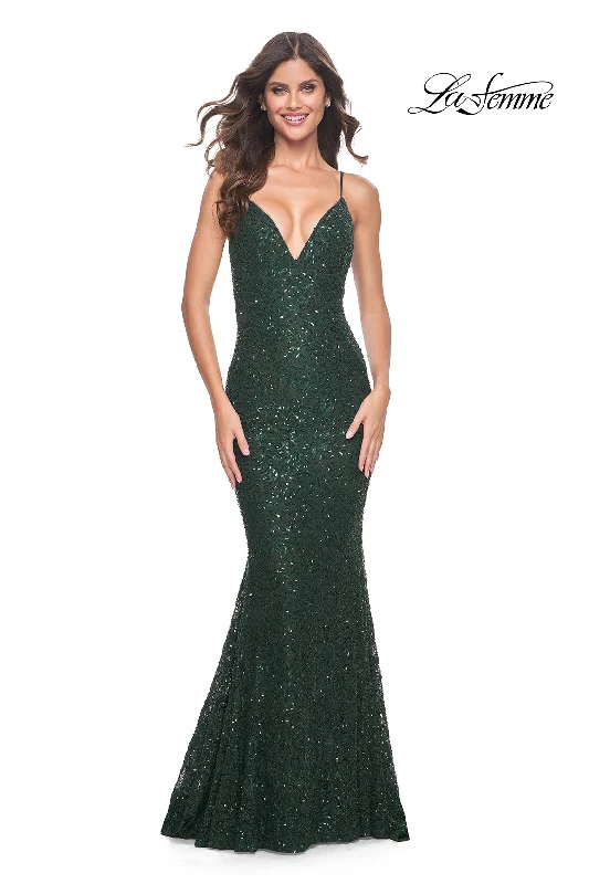 La Femme 32309 V-Neck Neckline Criss Cross Back Corset Beaded Lace Mermaid Evening Dress