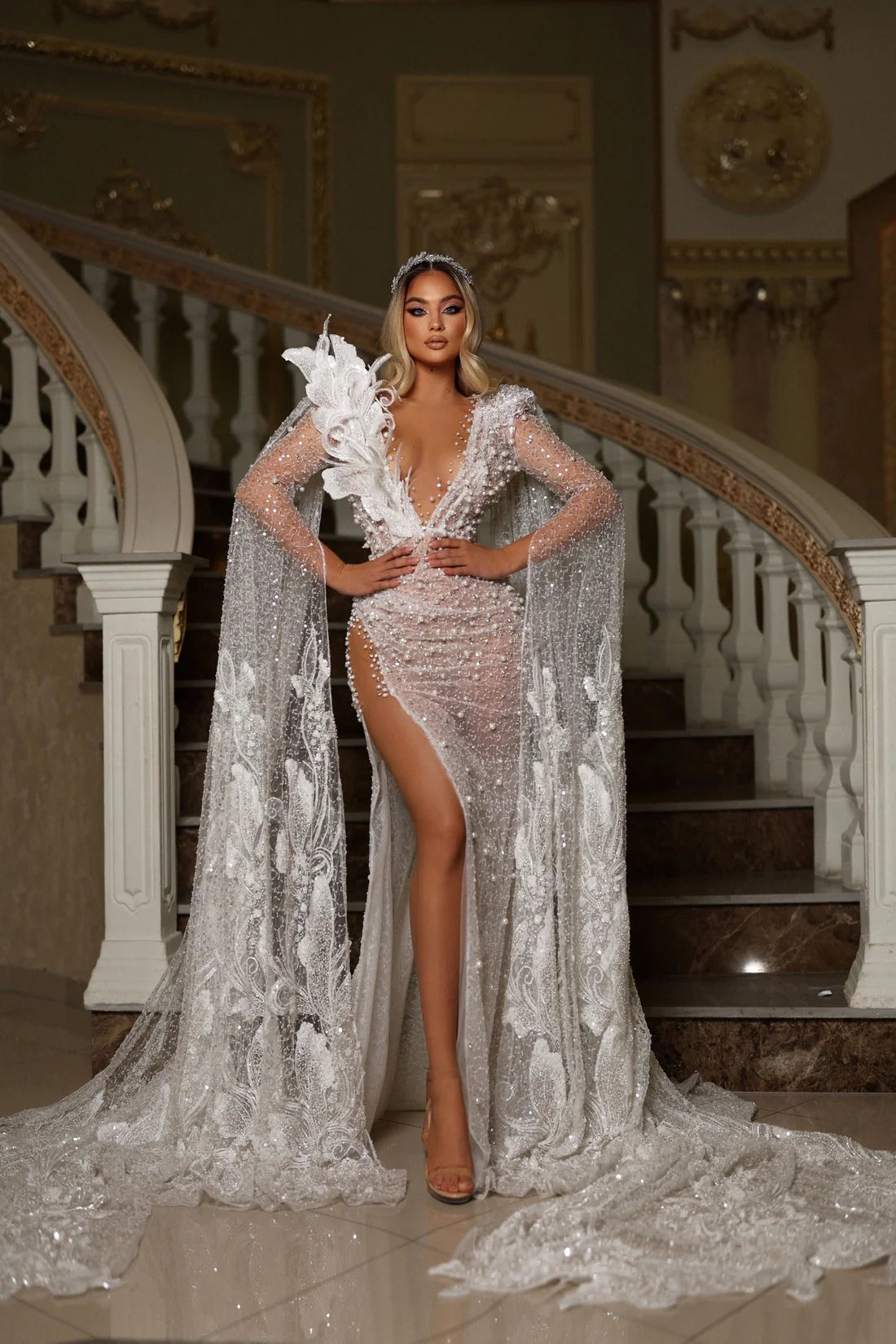 Nia Long Cape Sleeve Chapel Lace Mermaid Wedding Dress