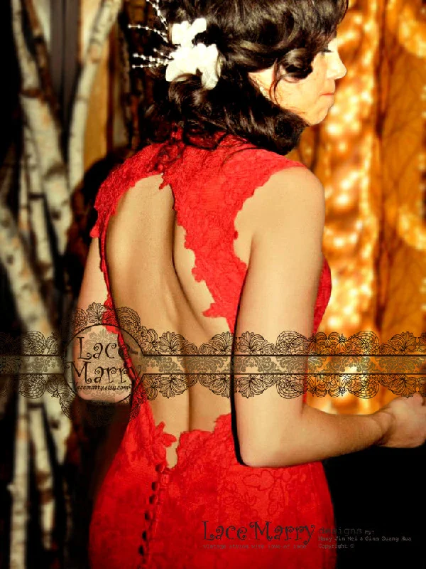 Red Lace Wedding Dress with Open Back Keyhole