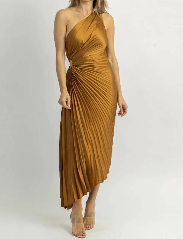 Fresco Pleated Midi Dress In Golden Ochre