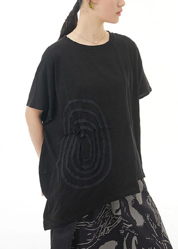 Black Patchwork Cotton T Shirt O Neck Loose Summer LY1146