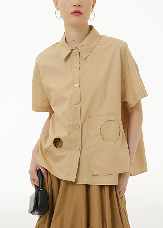 Casual Khaki Peter Pan Collar Button Solid Cotton Shirt Summer LY1225