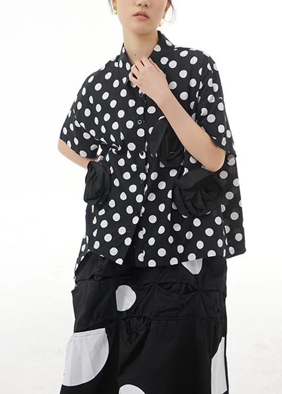 Chic Black Peter Pan Collar Dot Cotton Shirt Summer LY1194