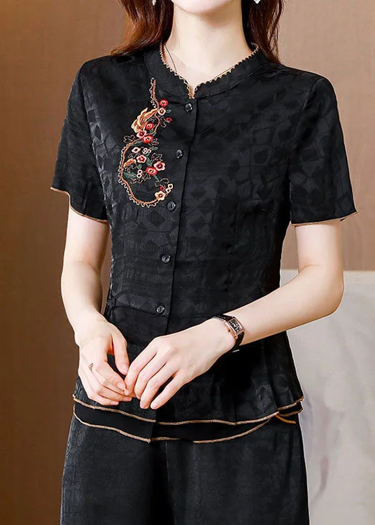 Chinese Style Black Embroideried Patchwork Silk Shirts Summer LY0432