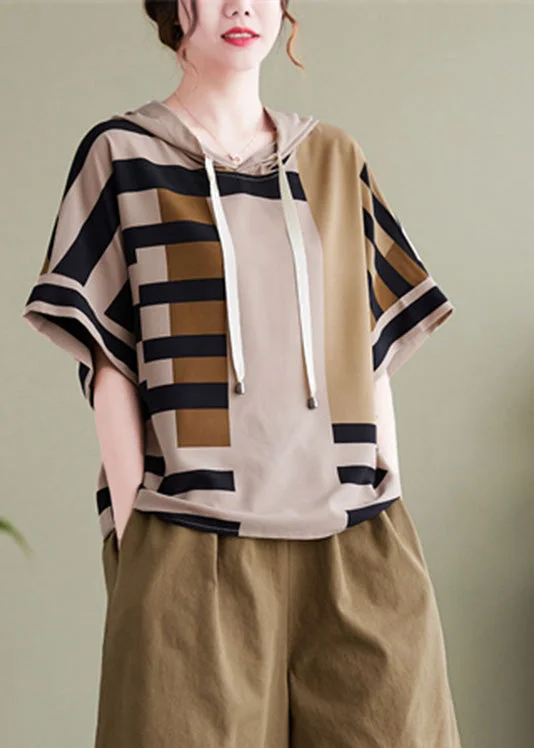 Elegant Grey Striped Patchwork Hooded Shirt Summer AC2064