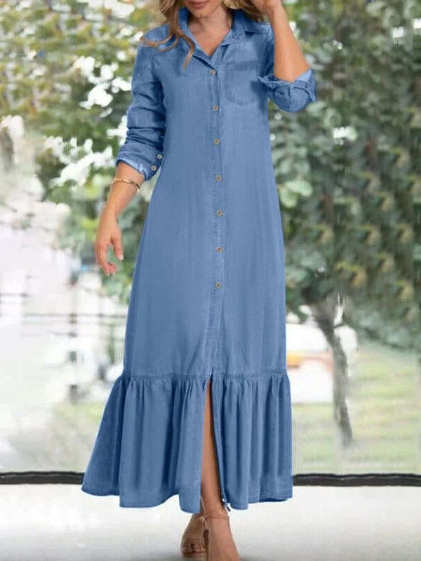 Fashion Casual Shirt Denim Dress Holiday Daily Women Clothing  QZ58