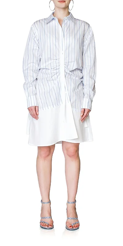 Gathered Placket Shirtdress In Pale Blue/white