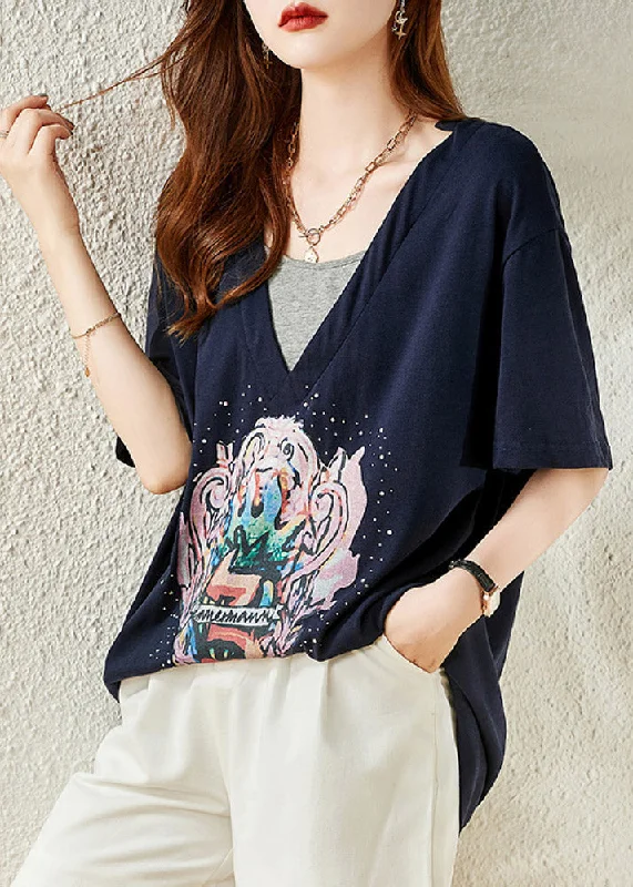 Loose Navy V Neck Print Cotton T Shirt Summer LY1484