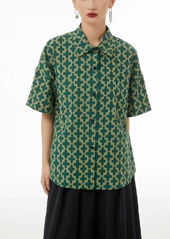 Modern Green Peter Pan Collar Print Cotton Shirt Summer LC0115