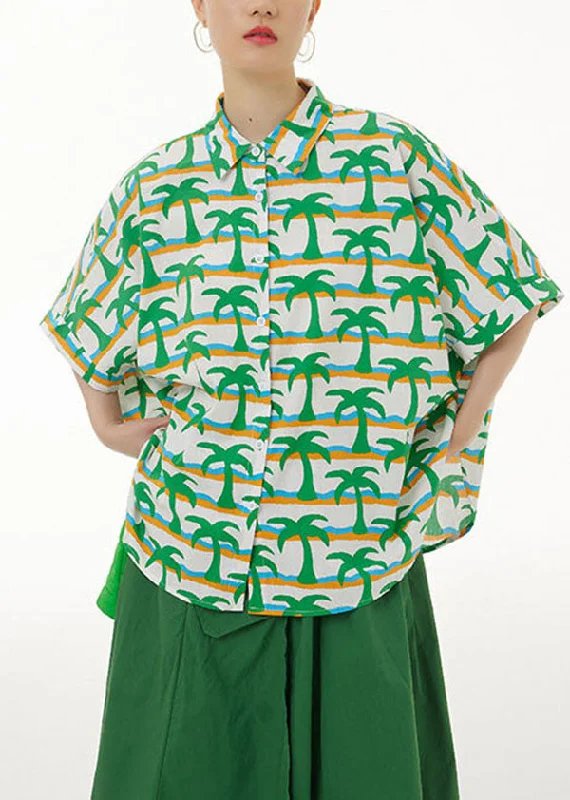 Modern Green Peter Pan Collar Print Cotton Shirts Top Summer LY1219