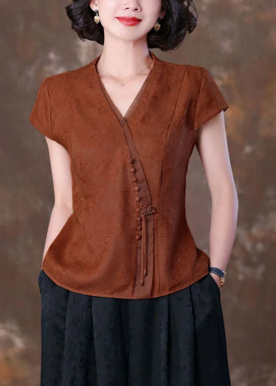 Natural Caramel V Neck Tasseled Patchwork Silk T Shirts Summer LC0270