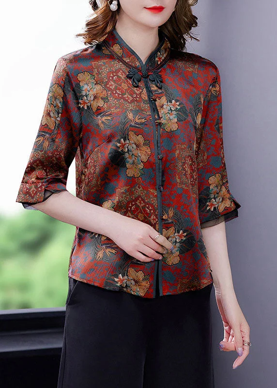 Retro Red Stand Collar Print Chinese Button Silk Shirt Summer LY0426