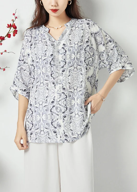 Style White V Neck Oversized Print Chiffon Shirts Summer LY1129