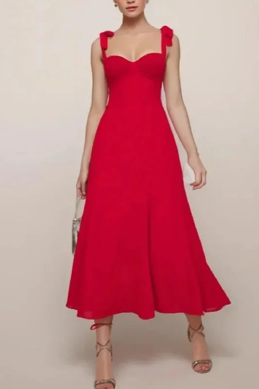 Summer French Solid Red Women Dress Bodycon Tie Bow Strap Sleeveless Dress Sexy Beach Women Party Dress Vintage Female