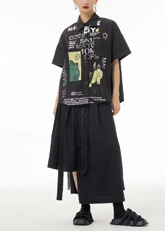 Unique Black Oversized Letter Print Cotton Shirt Summer LC0113