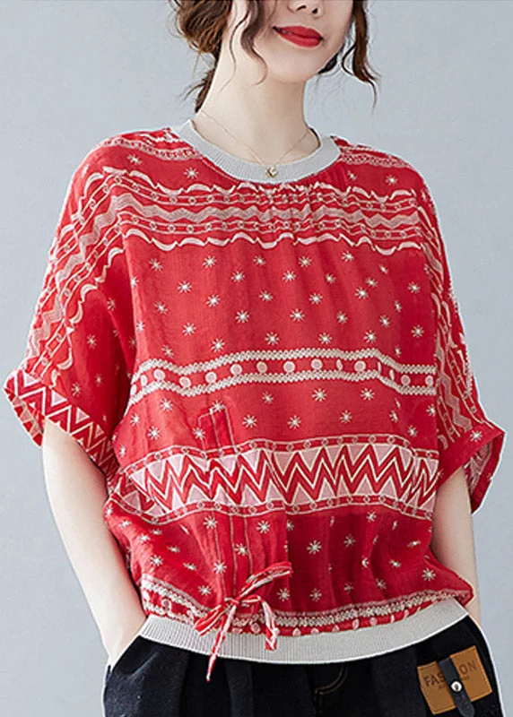 Vogue Red O-Neck Print Drawstring T Shirt Summer LY1551