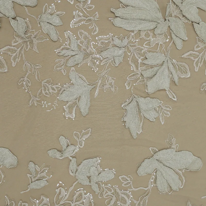 Beige and Gold Abstract Flowers Embroidered Tulle Fabric