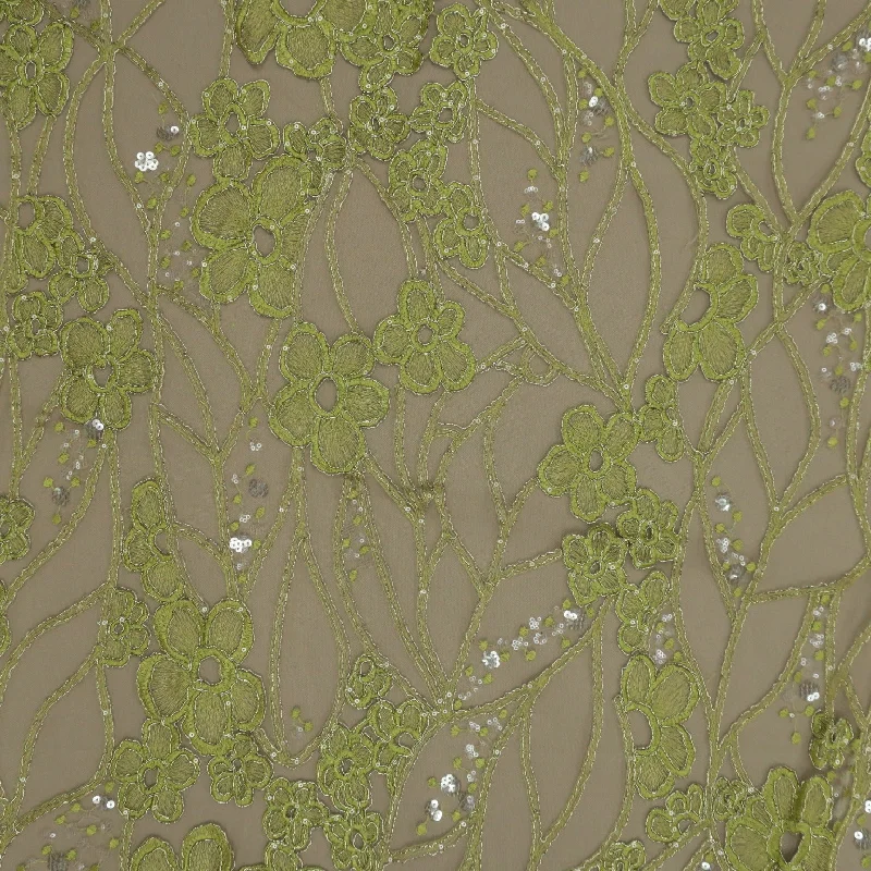 Citron Green Abstract Flowers Embroidered Tulle Fabric