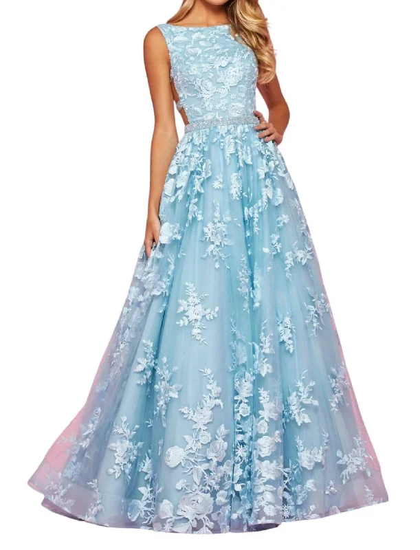 Embroidered Tulle Ball Gown In Light Blue