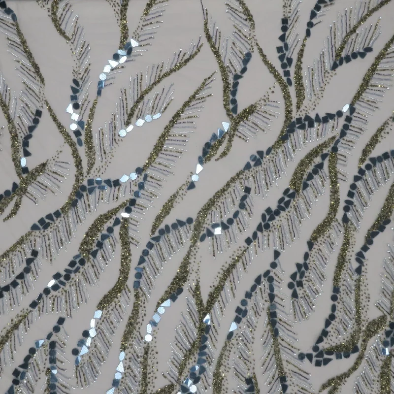 Gold and Silver Abstract Bugle Beads and Mirrors Embroidered Tulle Fabric