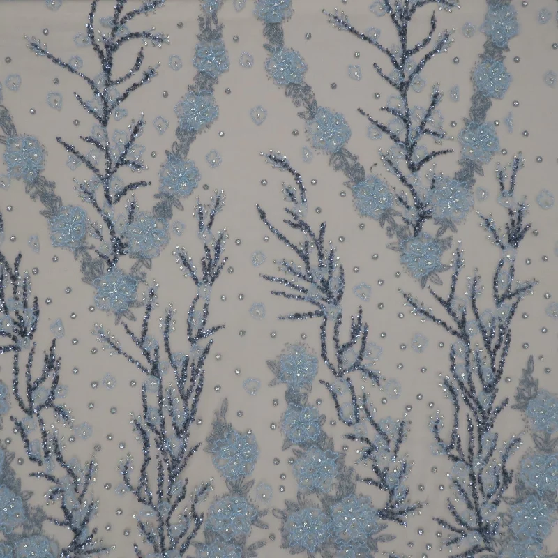 Light and Dark Blue Branches with Bugle Beads and Rhinestones Embroidered Tulle Fabric