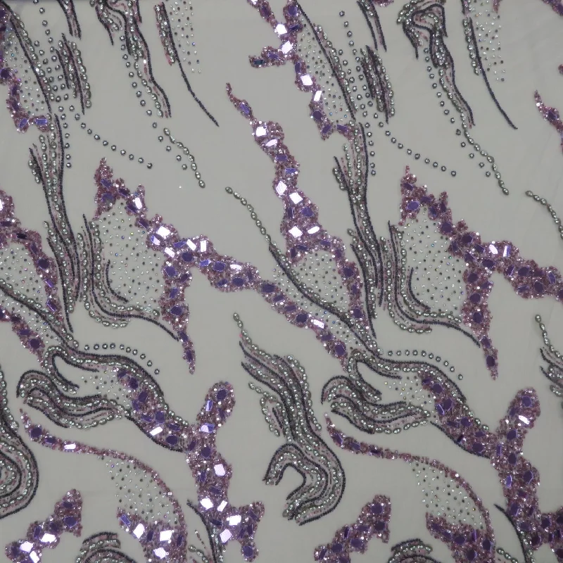 Mauve Abstract Bugle Beads and Rhinestones Embroidered Tulle Fabric