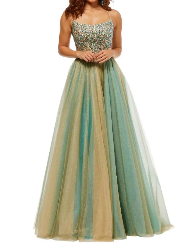 Metallic Tulle Two-Piece Ball Gown In Gold Turquoise