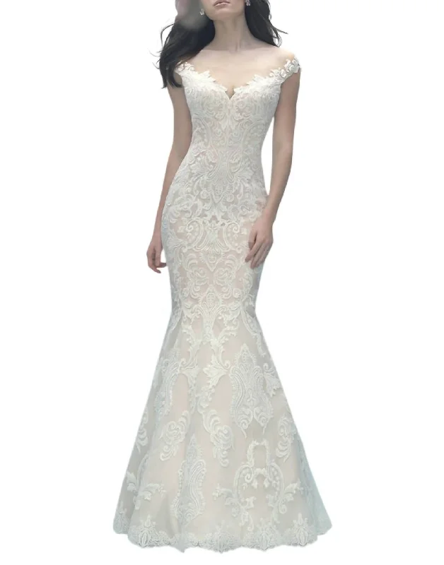 Off-Shoulder Lace Gown With Detachable Tulle Train In Champagne/ivory/silver