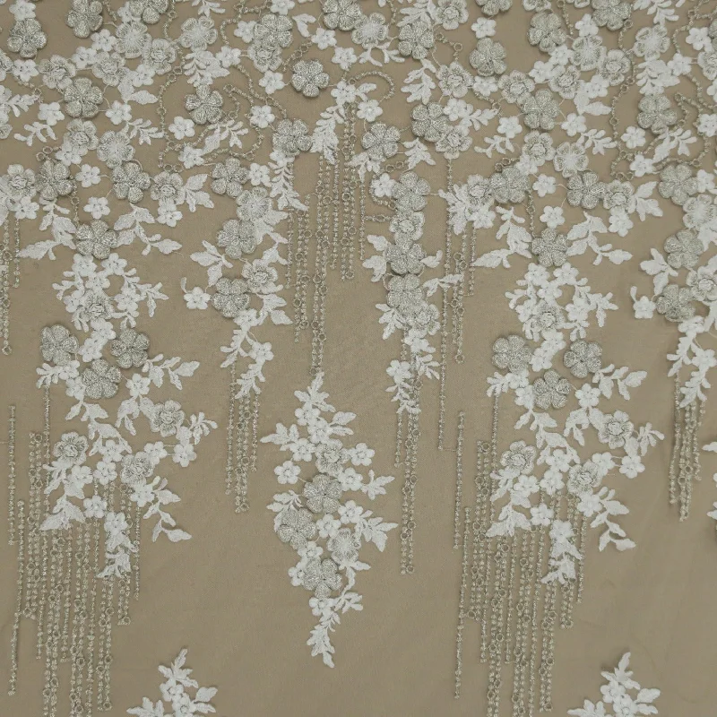 Off White and Silver Abstract Flowers Embroidered Tulle Fabric