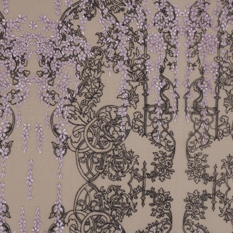 Purple and Black Abstract Flowers Embroidered Off- White Tulle Fabric