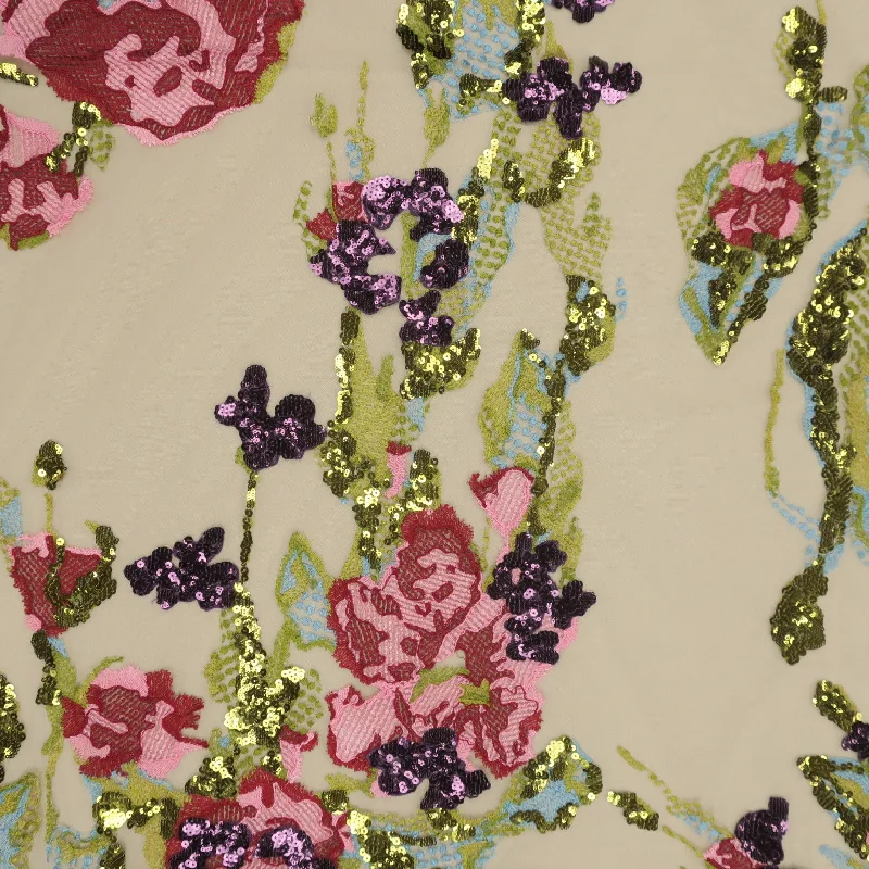 Red, Pink, Purple and Green Abstract Flowers Embroidered Tulle Fabric