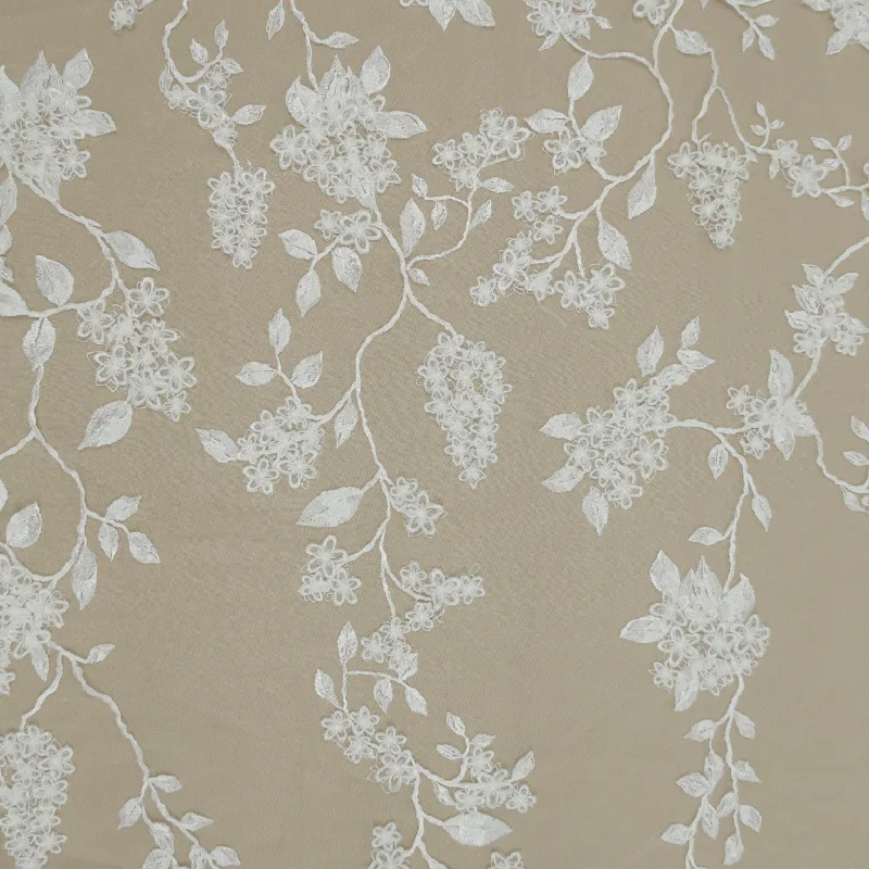 White Abstract Flowers Embroidered Tulle Fabric