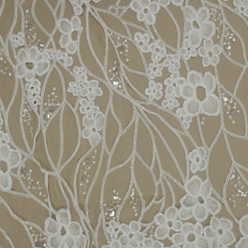 White and Silver Abstract Flowers Embroidered Tulle Fabric