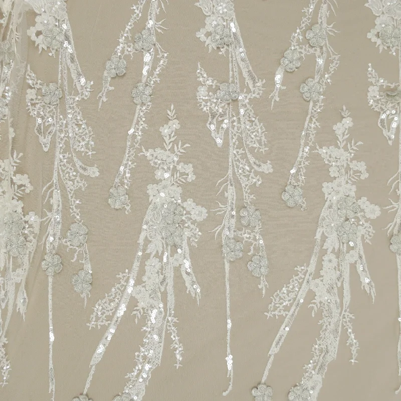 White and Silver Abstract Flowers Embroidered Tulle Fabric