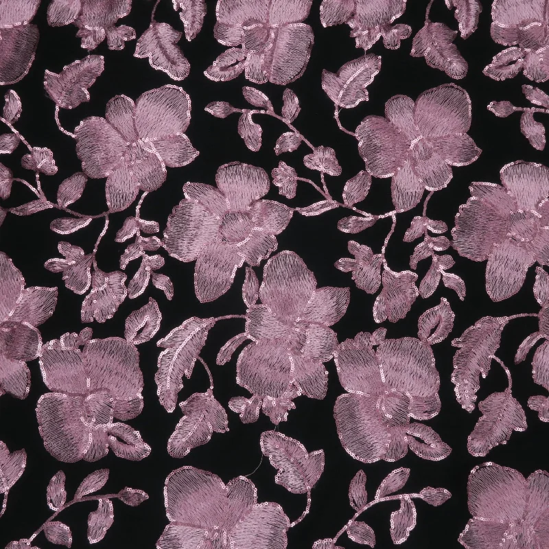 Pink Flowers on Black Embroidered Tulle Fabric