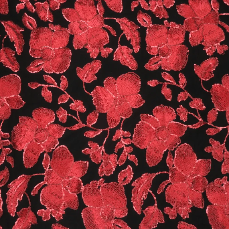 Red Flowers on Black Embroidered Tulle Fabric