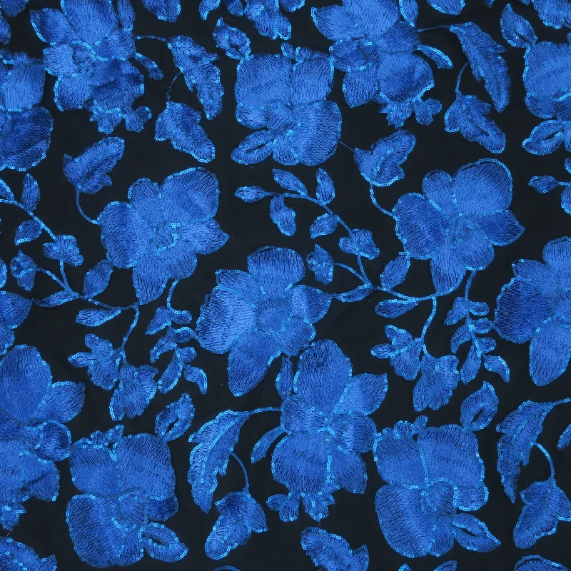 Royal Blue Flowers on Black Embroidered Tulle Fabric